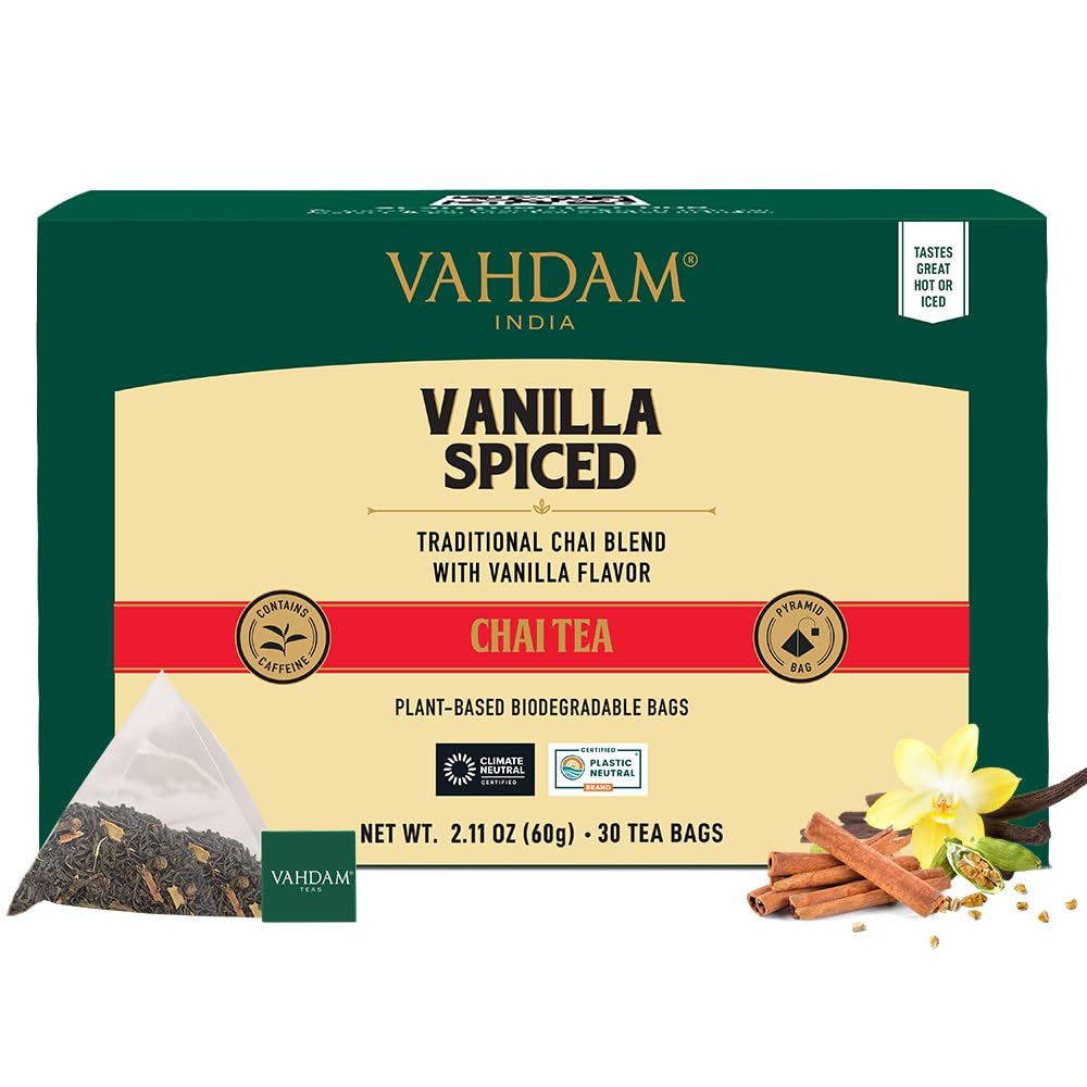 VAHDAM Vanilla Chai Tea Bags, High Caffeine, Non-GMO, Gluten Free, 30 Count, Individually Wrapped