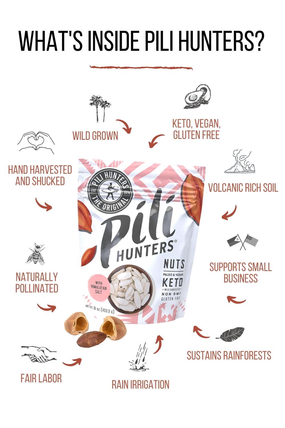 Pili Hunters - Wild Sprouted Pili Nuts, Pink Himalayan Salt, 5oz Bag, Keto/Paleo/Vegan Snacks, Low Carb Energy, Gluten Free, No