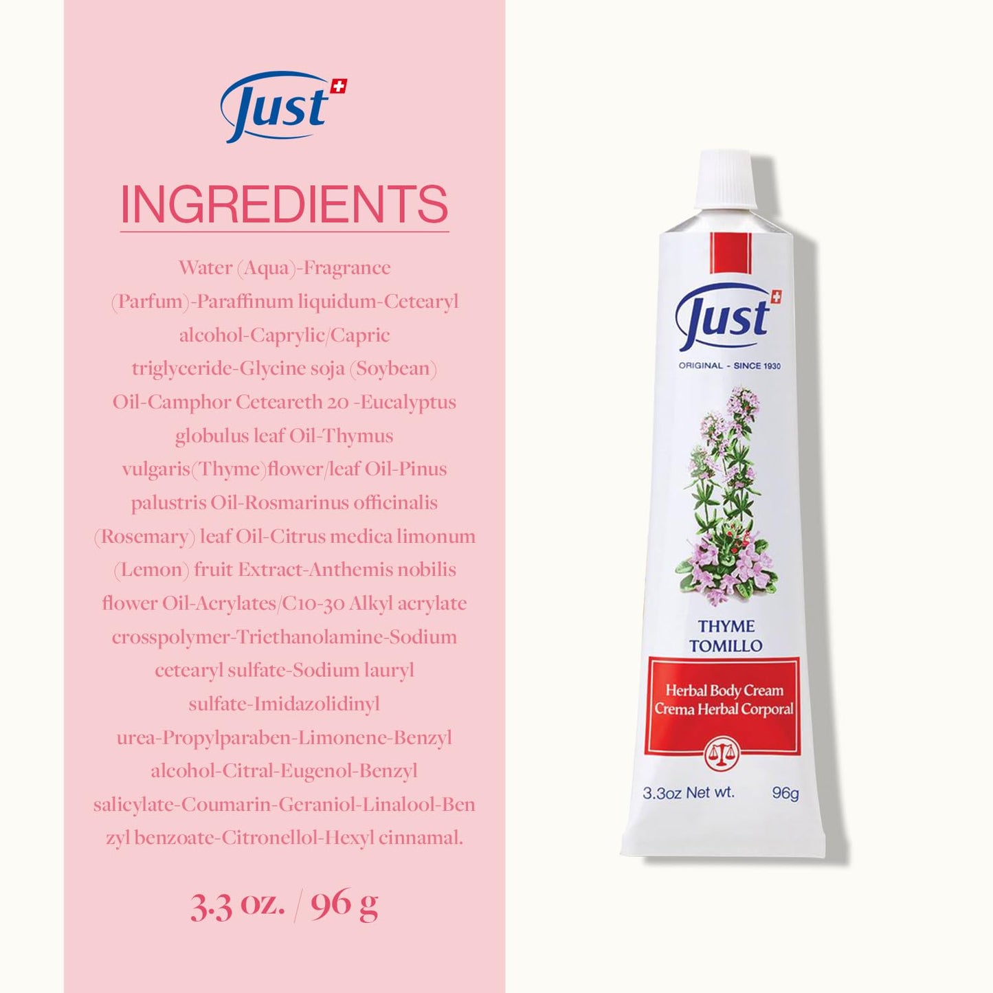 SwissJust Thyme Cream Massage Cream with Camphor, Essential Oils - 3.3 oz
