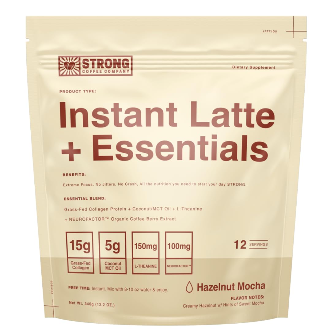 STRONG COFFEE COMPANY  INSTANT HAZELNUT LATTE - 12 Single Serving Packs  15g Protein  Instant Protein Coffee with Collagen  Adaptogens & Nootropics  No Crash  No Jitters