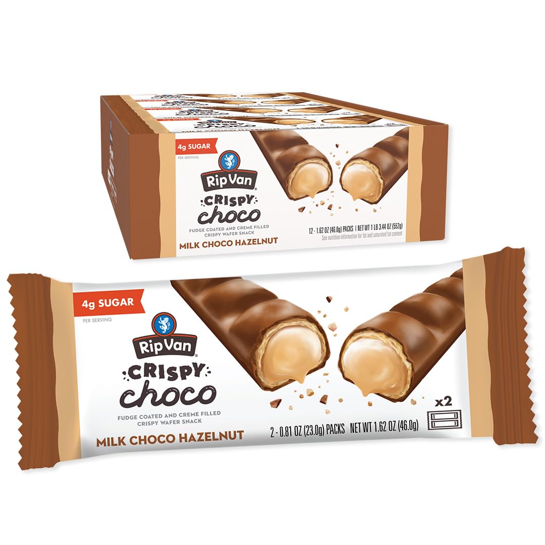 Rip Van Wafels Crispy Choco Hazelnut Candy Bars - Low Sugar Snack - 12 Pack - Full Size