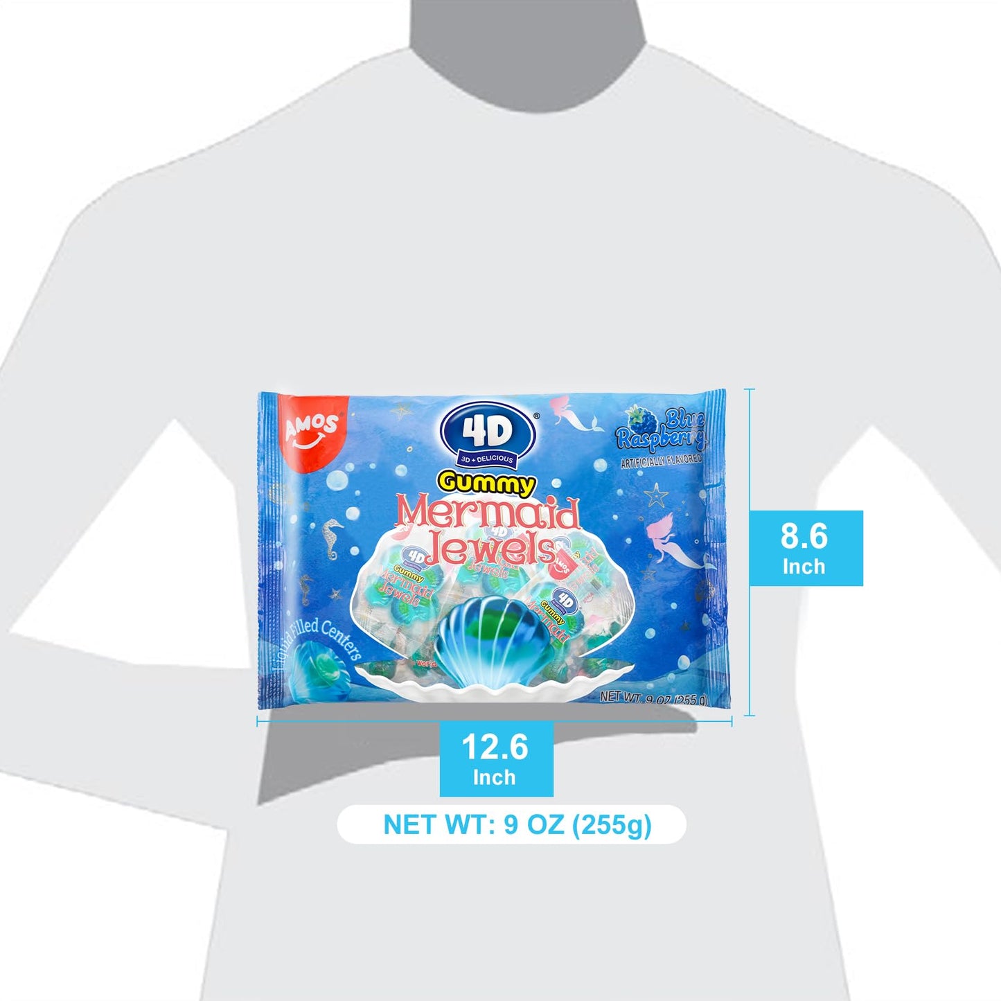 Amos 4D Mermaid Gummy Candy, Blue Raspberry, 9Oz Mini Wrapped Packs, Soft Jelly-Filled Seashell Treats