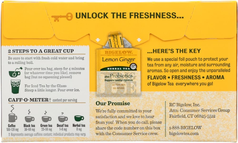 Bigelow Tea Classic Lemon Ginger Herbal Tea, Probiotics, 18 Count (Pack of 3)