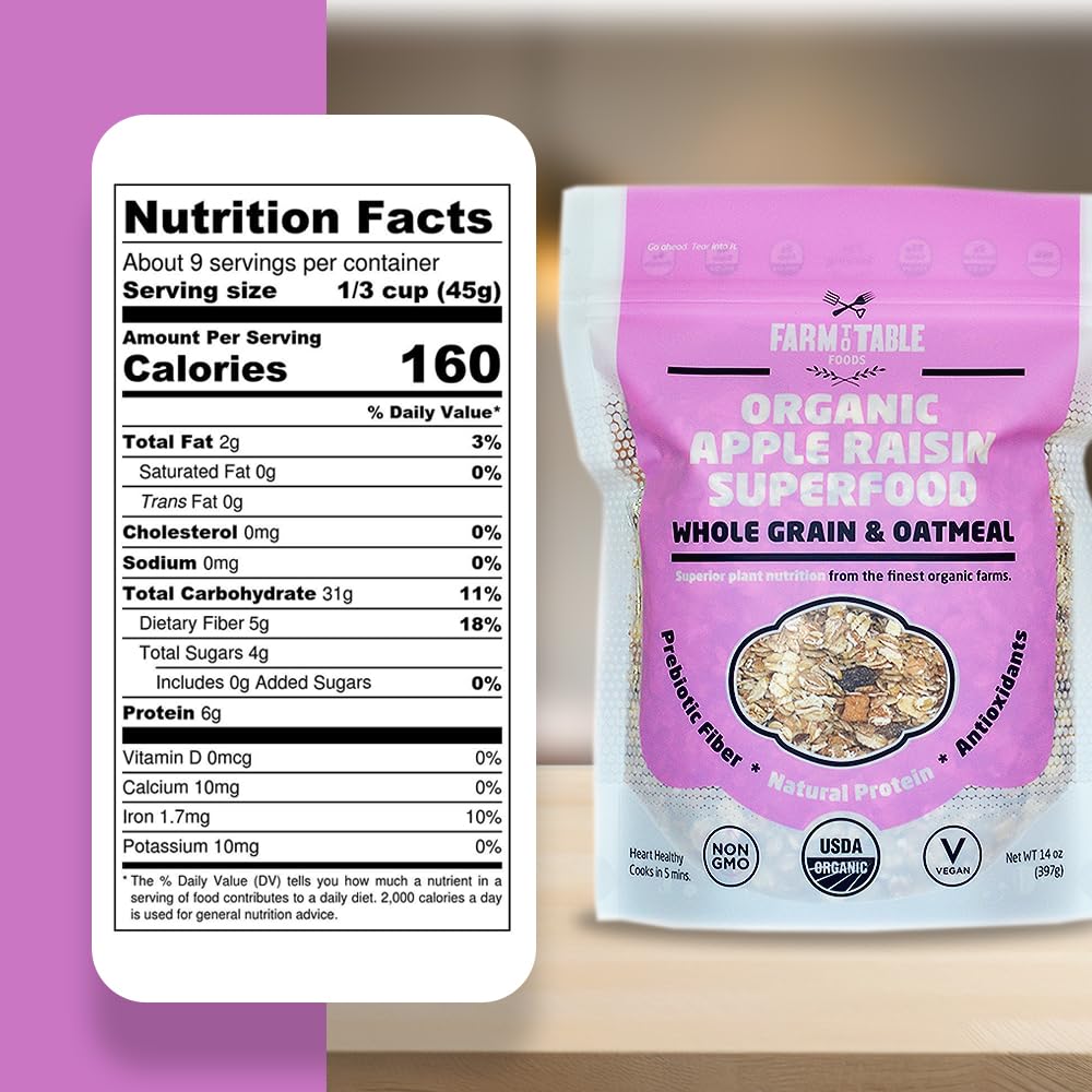 Farm To Table Foods Organic Apple Raisin Superfood Oatmeal - High-Protein, Whole Grain, Plant-Based, Unsweetened, Non-Gmo - 3-Pa