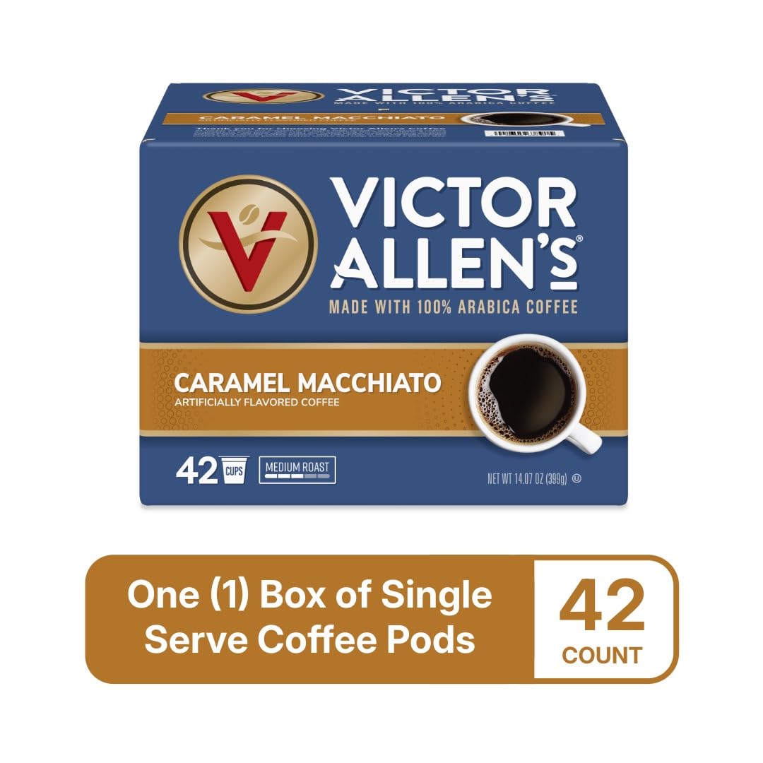 Victor Allens Coffee Caramel Macchiato Flavored Medium Roast Coffee Pods, 42 Count, Single Serve for Keurig, Brown