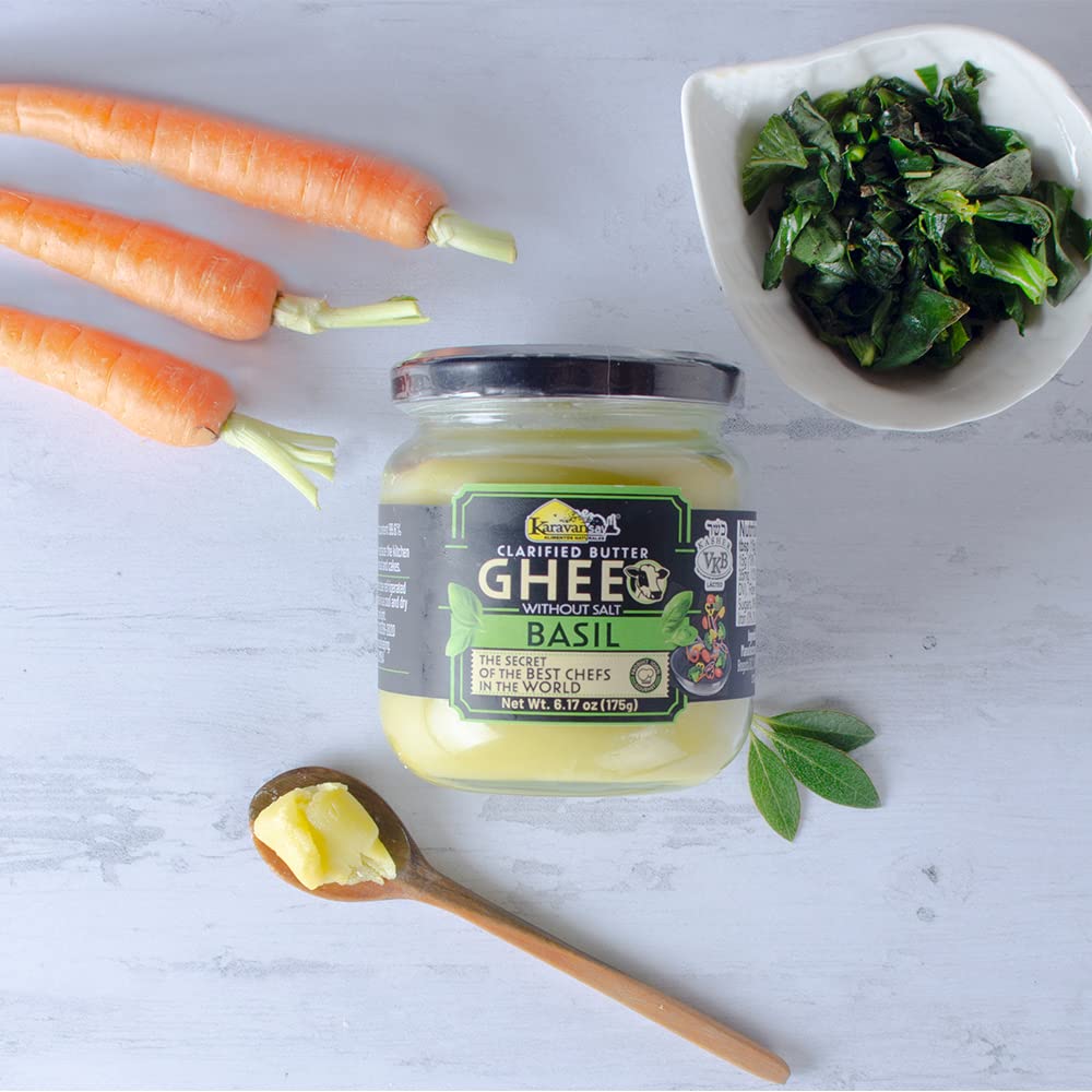 Karavansay GHEE Butter Unsalted with Basil Flavor, Keto Friendly, Gluten Free, 17 oz Glass Jar, Small Size