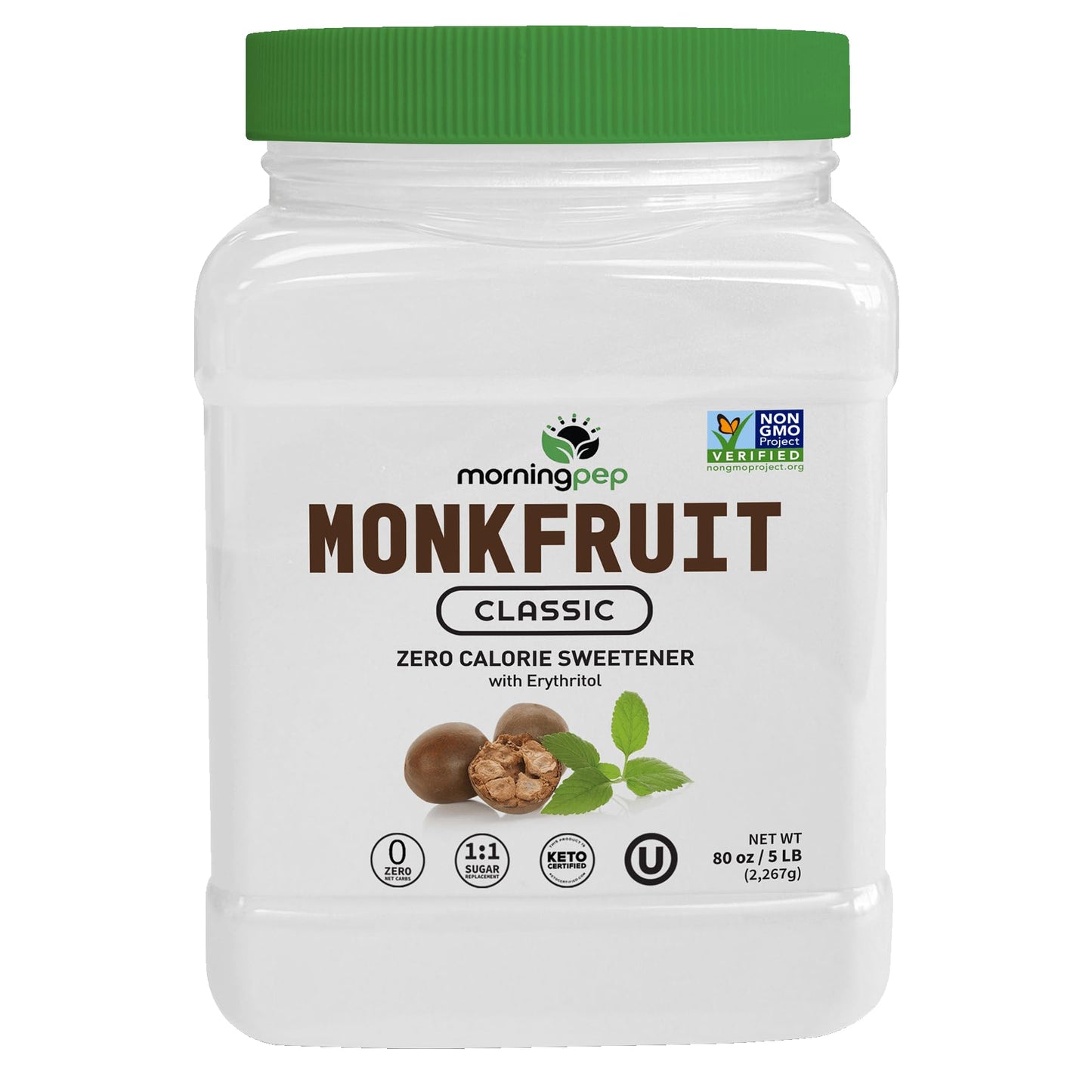 Morning Pep Monk Fruit Sweetener  Classic | White Sugar Substitute  Keto Diet Friendly  1:1 Sugar Replacement  For Baking  Coffee  Tea  Zero Calorie Non Gmo Project Verified  OU Kosher  White - 5 lb