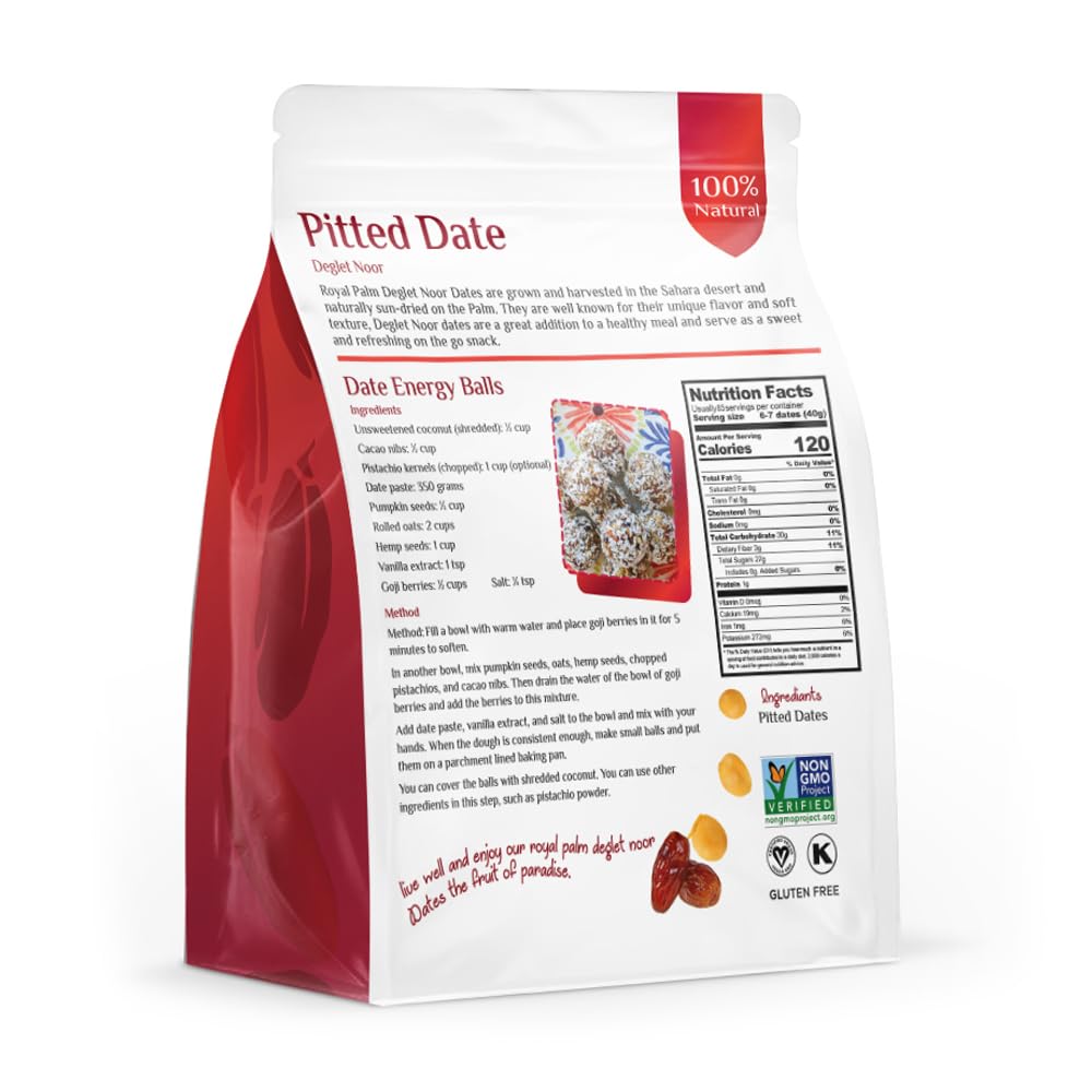Royal Palm Deglet Noor Dates - Natural Dried Pitted Dates, Non-GMO, Kosher, 16oz (1 Pound) Bulk Pack