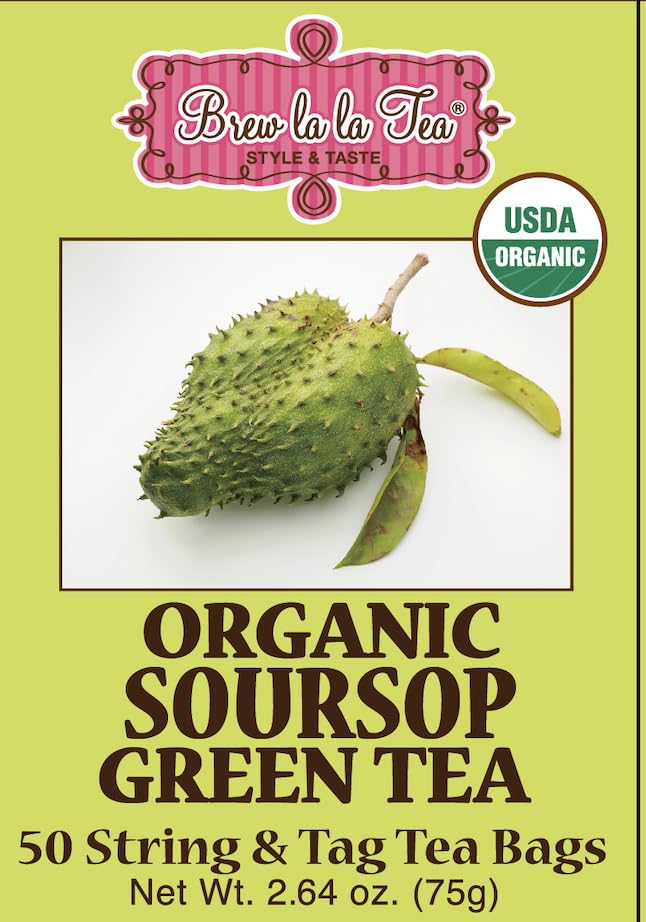 Brew La La Organic Green Tea - Natural Soursop Flavor - 50 Double Chambered Bags - Low Energy Blend Gourmet Tea - Certified Organic