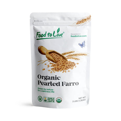 Food to Live Organic Italian Pearled Farro, 3 Pounds - Non-GMO, Kosher, Vegan, Whole Farro Grain in Bulk, Good Source of Fiber a
