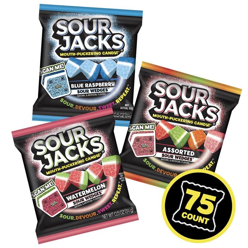 SOUR JACKS Snack Box  Sour Wedges  Variety Snack Pack  Stocking Stuffers  0.5oz bags (75ct)
