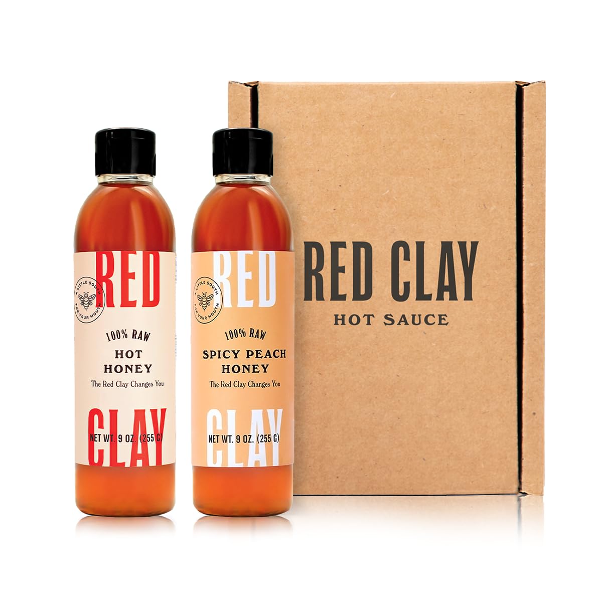 Red Clay Hot Honey & Spicy Peach Hot Honey 2 Pack With Gift Box - 100% Pure, Raw Wildflower Honey, Sustainably Sourced - Sweet H