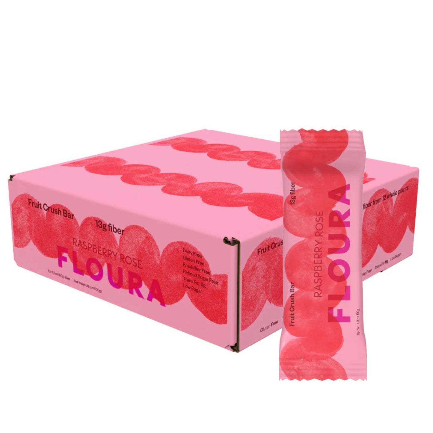 Floura Raspberry Rose Fruit-Forward Fiber Bars- High Fiber, Vegan, Gluten & Dairy Free, Low Calorie Healthy Snack Bars with Upcy