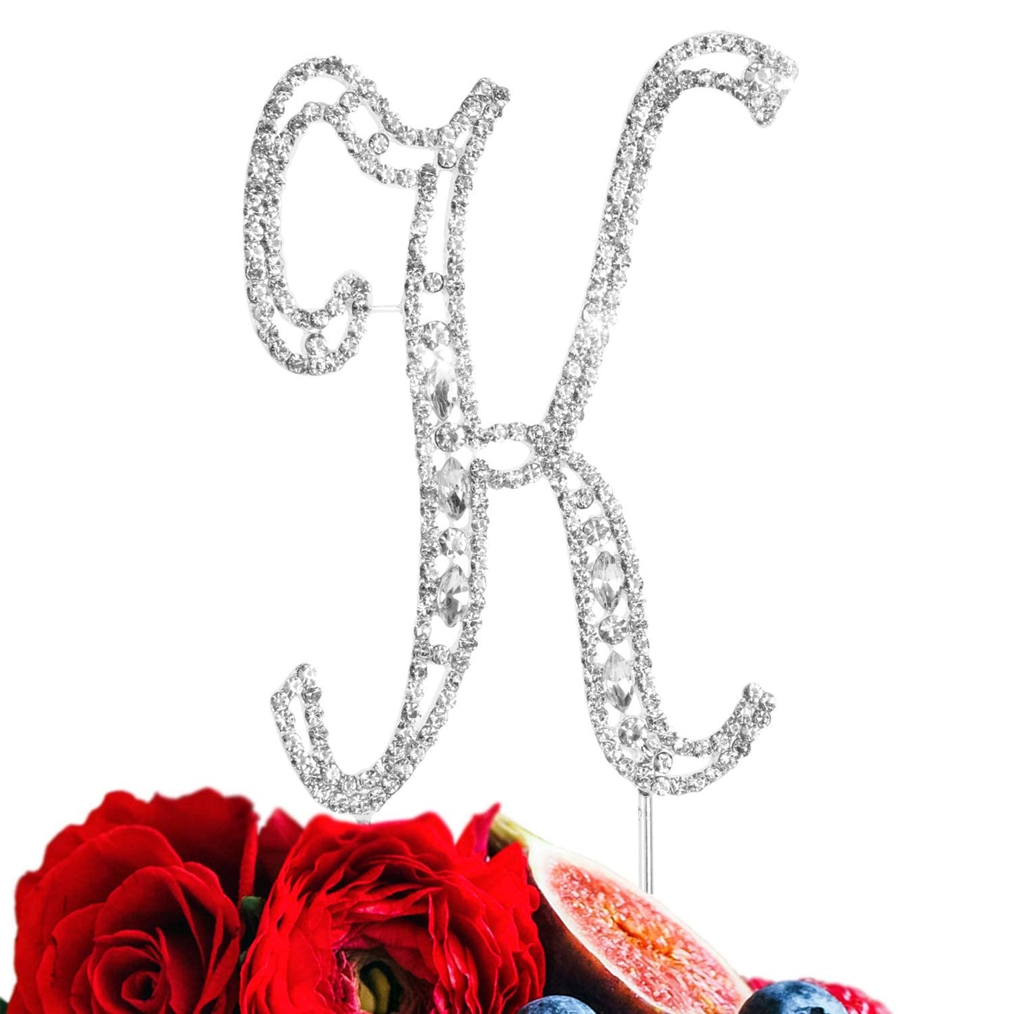LINGPAR Rhinestone Crystal Letter K Cake Topper for Wedding, Anniversary, Birthday Party - Silver, Model 01