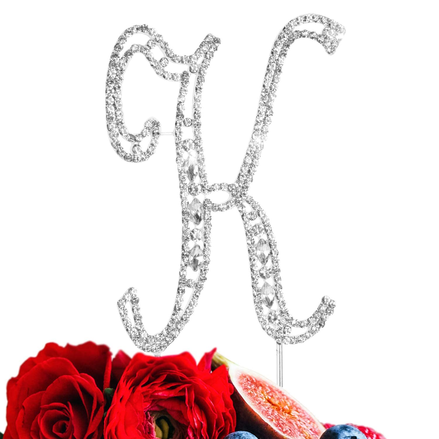 LINGPAR Rhinestone Crystal Letter K Cake Topper for Wedding, Anniversary, Birthday Party - Silver, Model 01