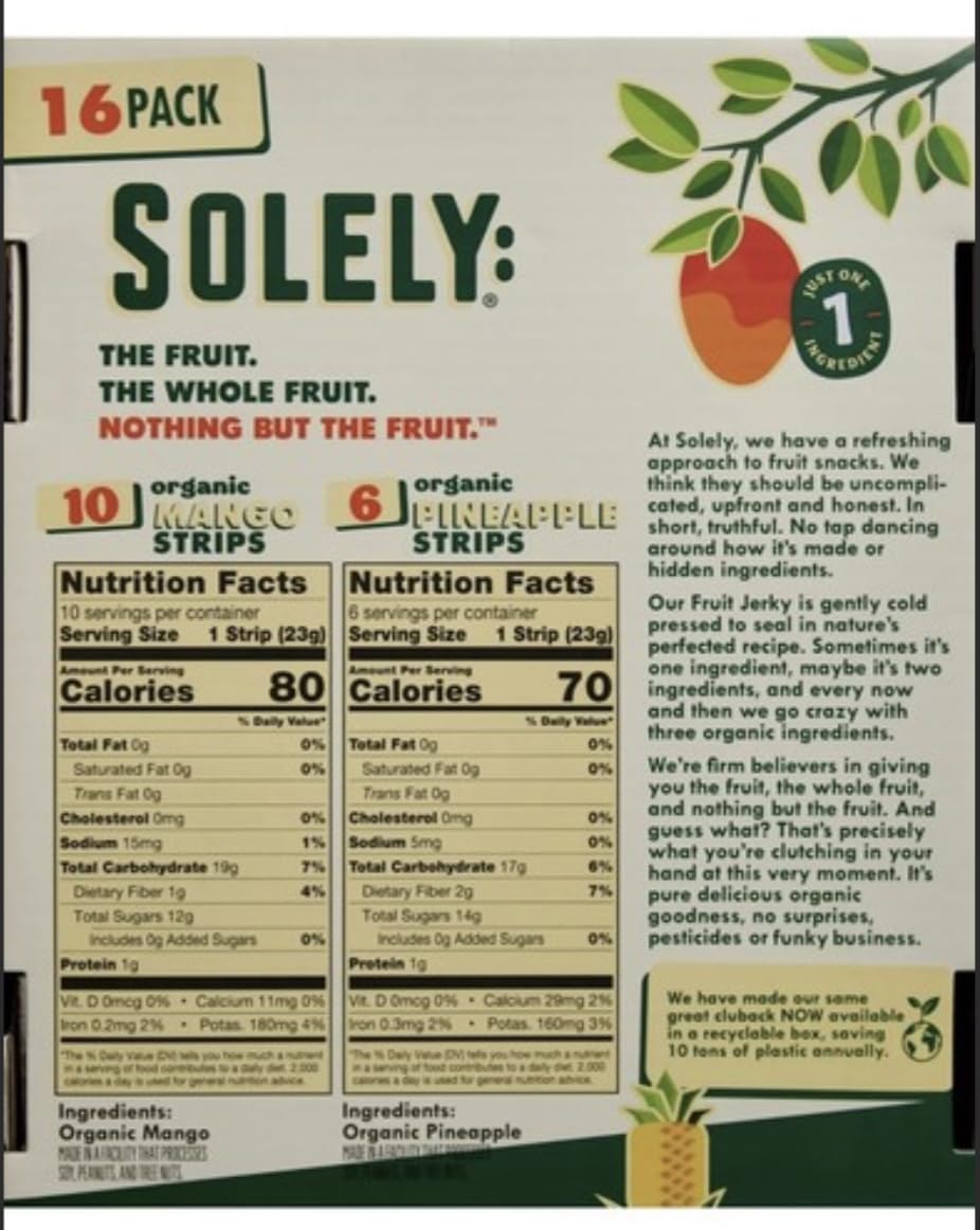 Solely Organic Fruit Jerky  Flavors Variety  16 Strips  No Sugar Added  13 oz. 10 Mango  6 Pineapple strips
