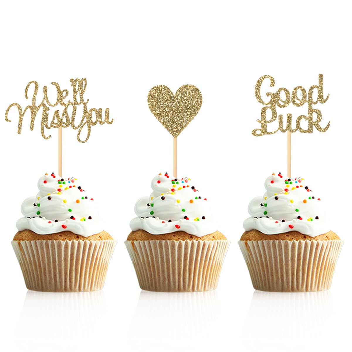 Donoter Cupcake Toppers, 24 Pieces Light Gold Glitter Heart Cake Picks, Model CC-273 for Going Away Party Decorations