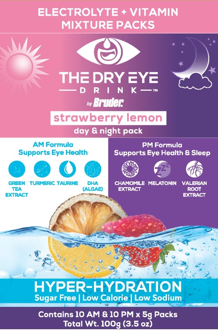 The Dry Eye Drink L Ultimate Hydration For Dry Eyes L Sugar-Free Electrolyte Powder Packets L Blended With Vitamins, Green Tea, Turmeric, Taurine, And Dha L 5G X 20 Packets (Strawberry Lemon Am/Pm)