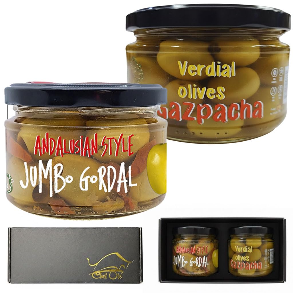 Chef Ole Gourmet Spanish Olives Gift Set: Premiun Gazpacha & Andalucia-Style Olives |Vegetarian Foodies Gift Basket-Perfectly Paired With Beverage-Inspired  Cheese  & Charcuterie Boards. Set Of 2  10 Oz Jars