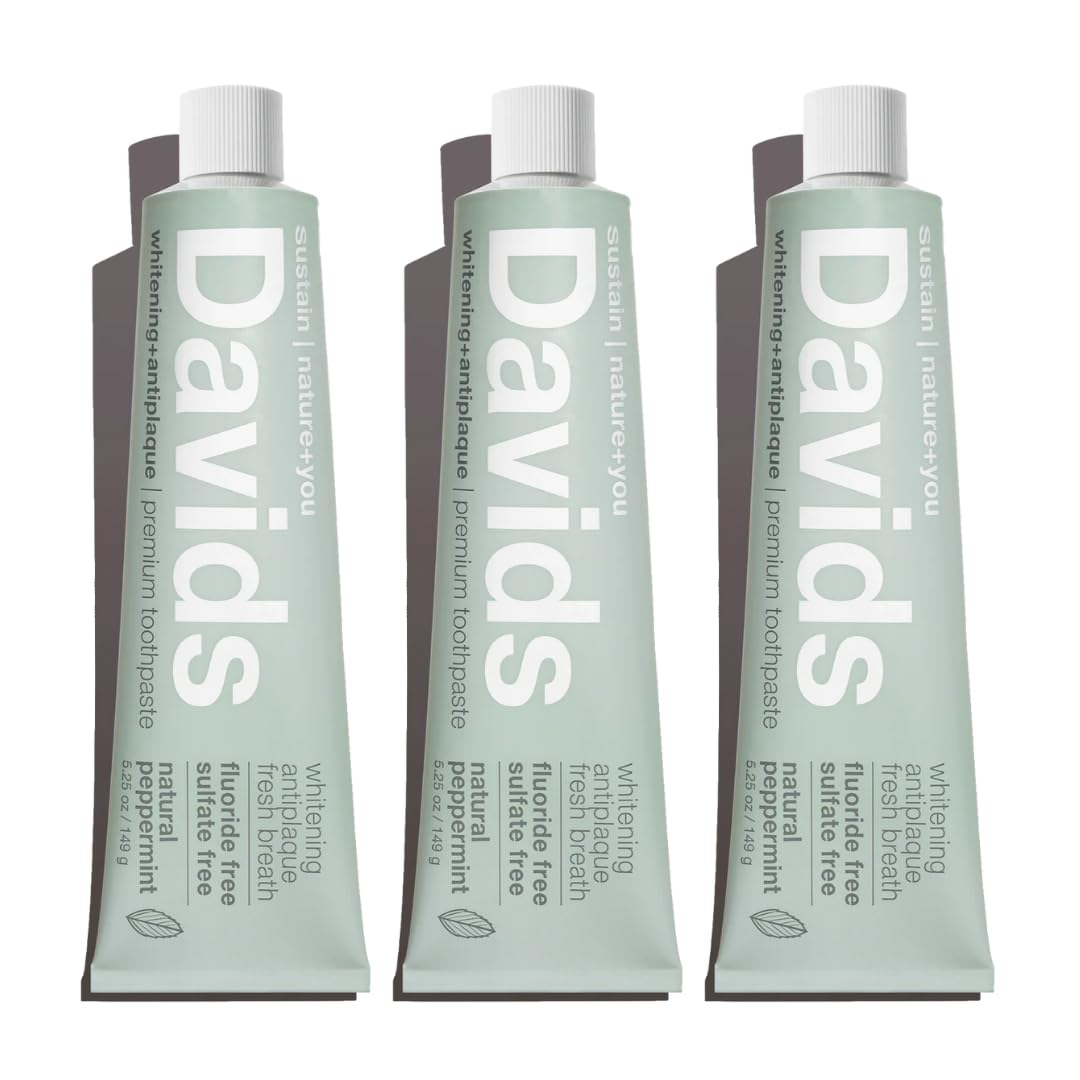Davids Fluoride Free Toothpaste, Teeth Whitening, Antiplaque, Sls (Sulfate) Free, Promotes Enamel Health, Mouth & Gum Detox, Ewg Verified, Natural Peppermint, 5.25Oz (3 Pack)
