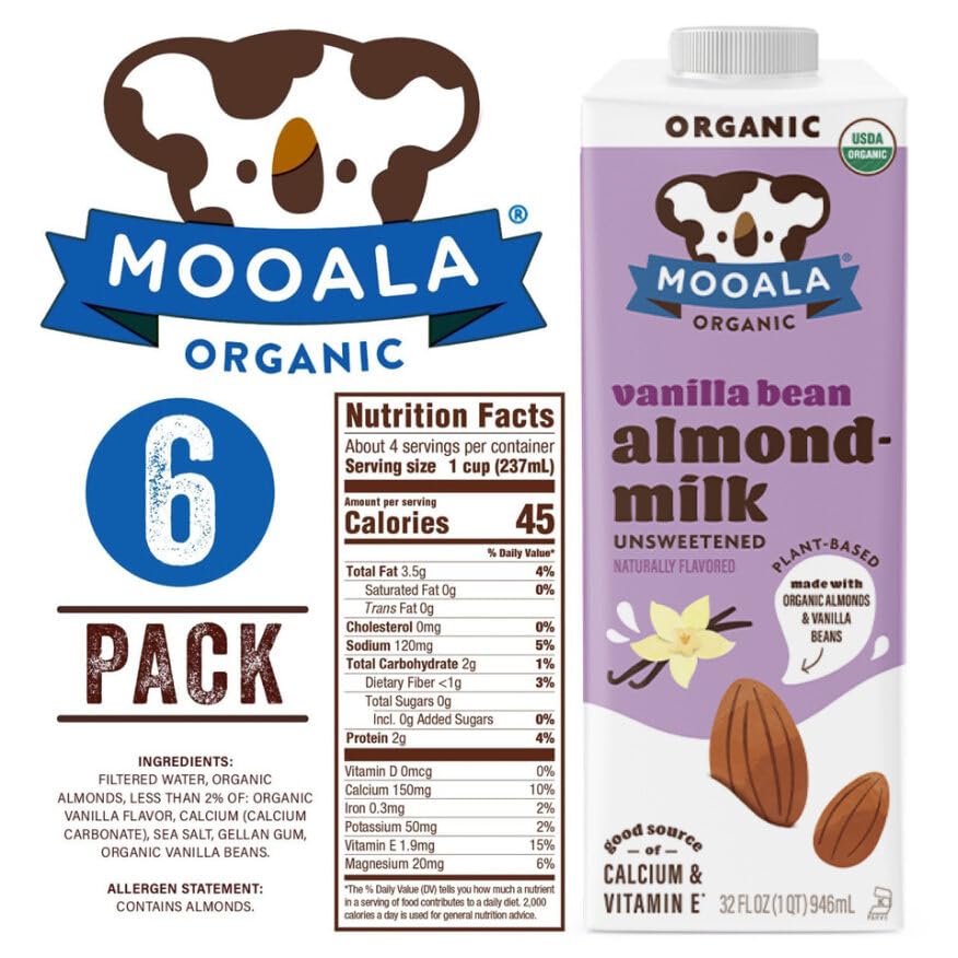 Mooala Organic Vanilla Bean Almond Milk Unsweetened 32 fl oz (Pack of 6) - Shelf-Stable, Lactose Free, Gluten-Free, Vegan, No Ad