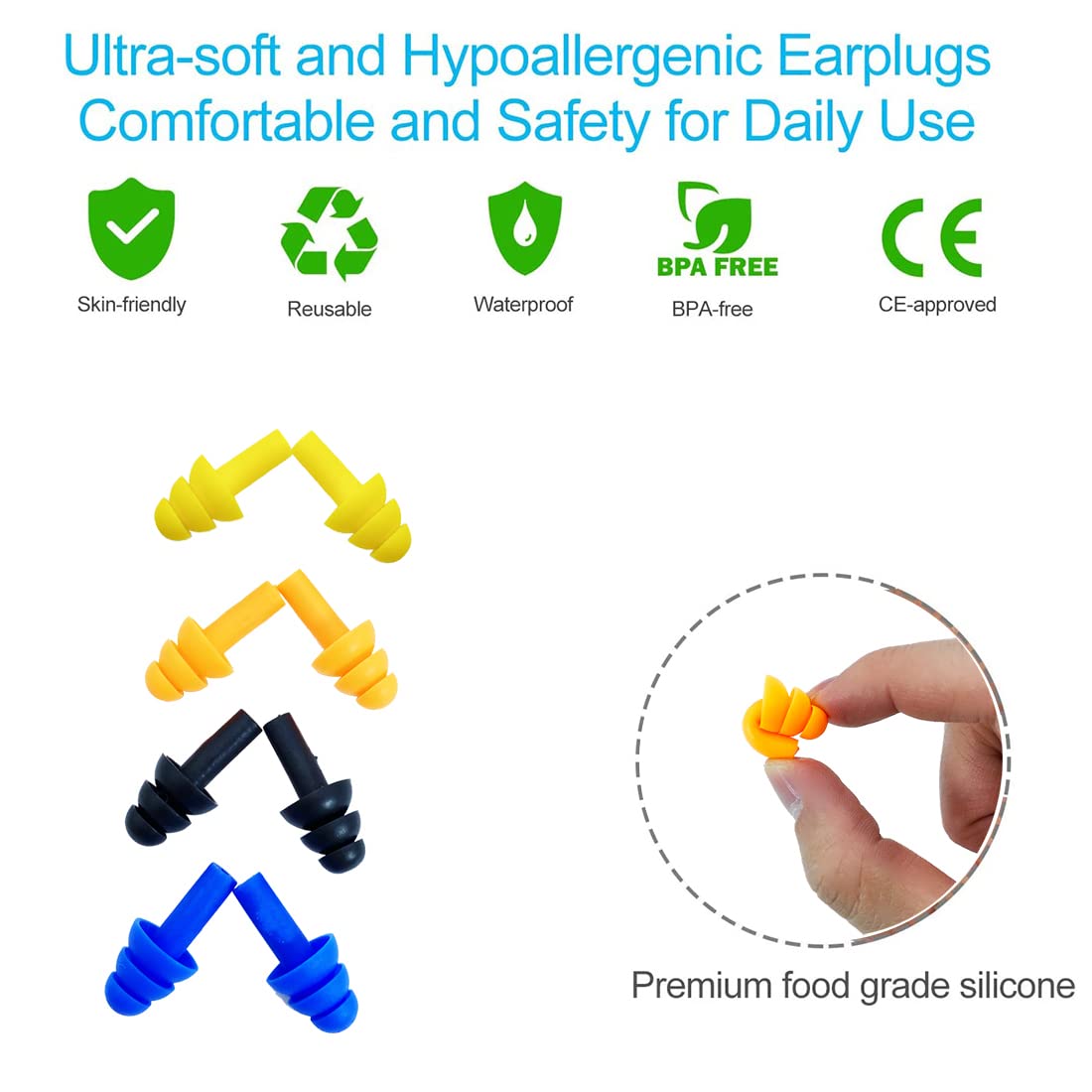 Ear Plugs For Sleeping,16 Pairs Noise Canceling Soft Reusable Silicone Earplugs Waterproof Noise Reduction Earplugs For Concert,