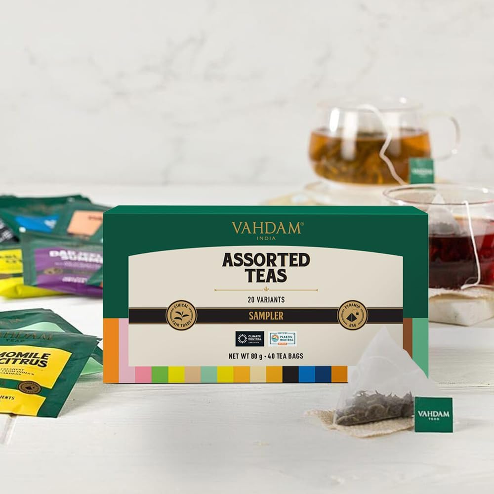 VAHDAM Assorted Tea Sampler - 20 Variants, 40 Pyramid Tea Bags, Premium Variety Pack, 2 Count (Pack of 25)