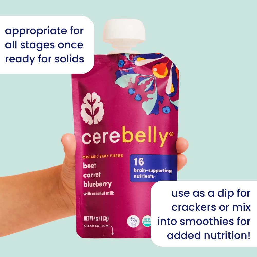 Cerebelly Organic Baby Food Pouches, Kale Sweet Potato Apple Purees, 16 Nutrients, No Added Sugar, Fiber & Non-GMO, 4oz, 12 Pack