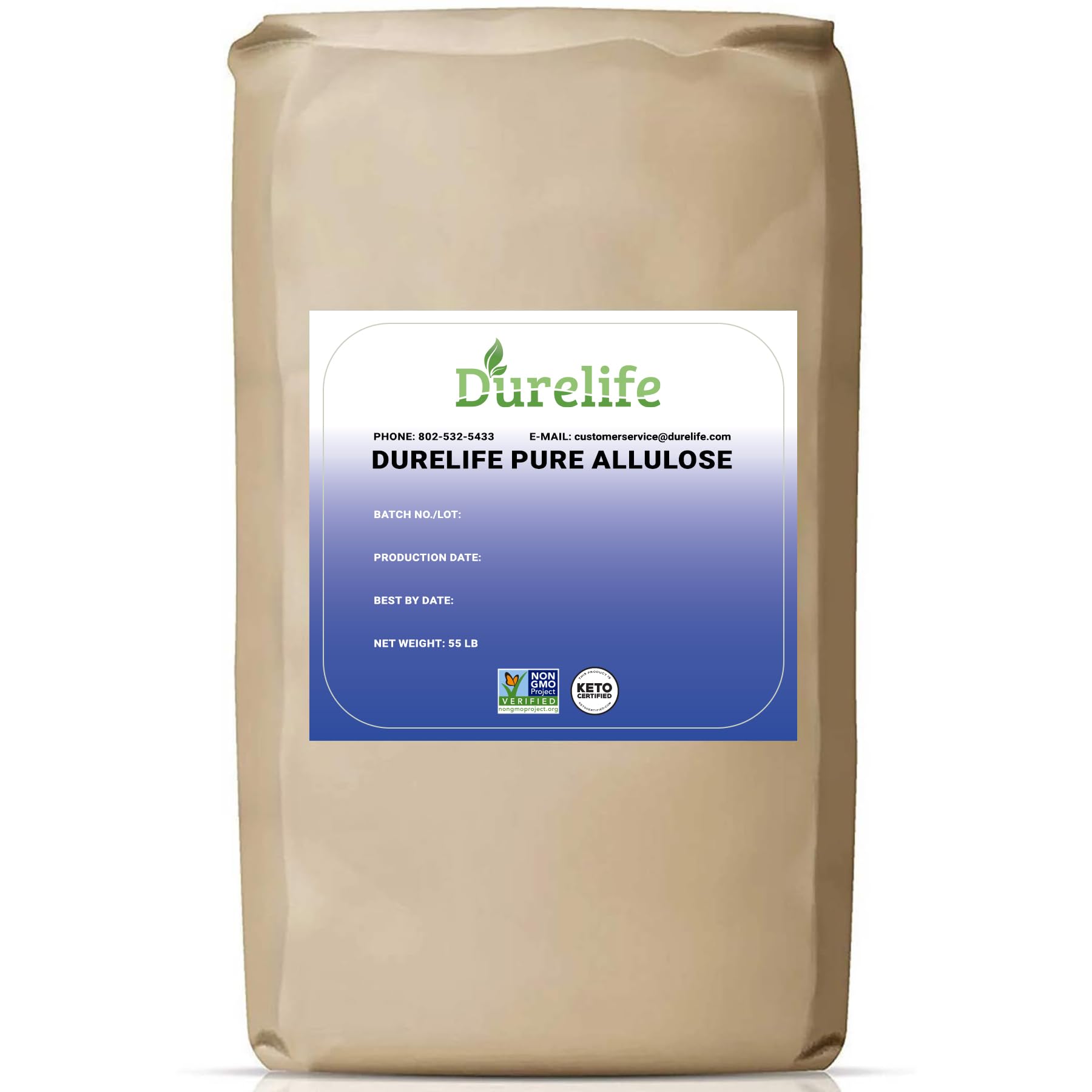 Durelife Allulose Sweetener  55 Lb 100% Pure No Erythritol Powdered Sugar Substitute  Non-Gmo Project Verified  Keto Certified  Ou Kosher  No Fillers  Zero Calories Sugar Alternative 55 Lbs  Bulk Bag 880 Oz