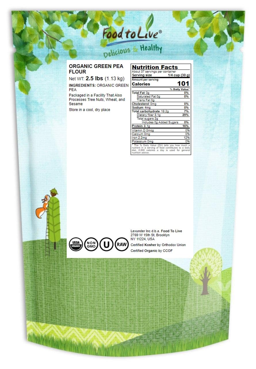 Food to Live Organic Green Pea Flour, 2.5 Pounds - Non-GMO, Finely Ground, Pure, Raw, Keto, Nutritious Vegan Powder in Bulk. Goo