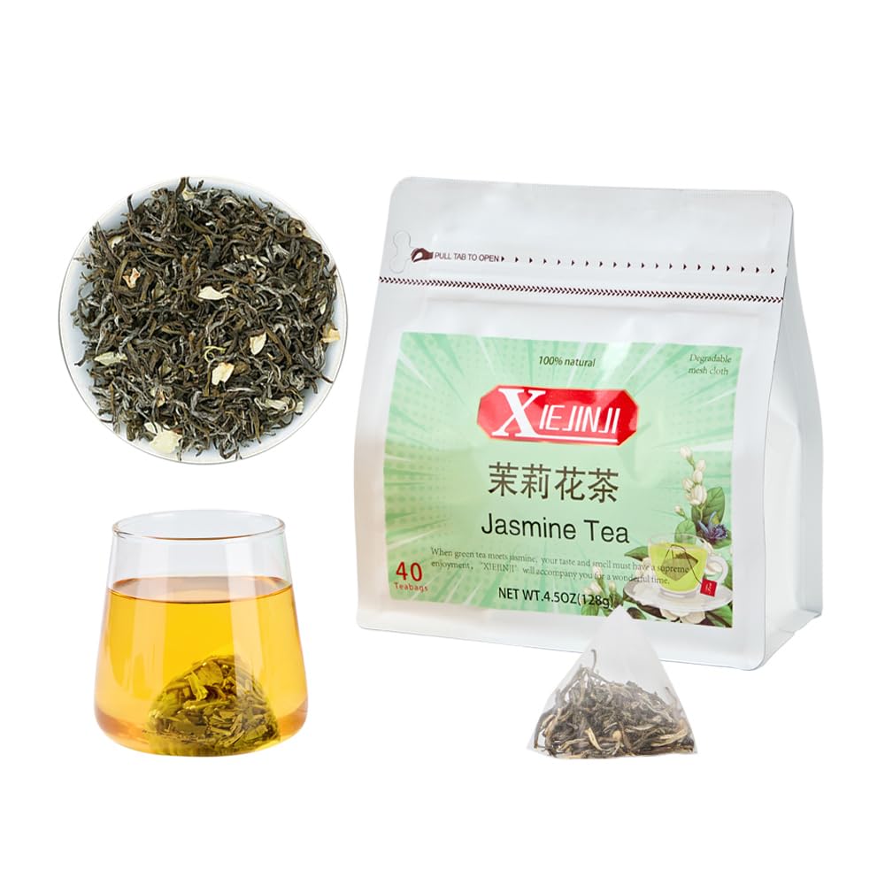 Xiejinji Jasmine Tea  Top-Grade Jasmine Green Teabags  Fragrant Floral Scent  3.2G X 40 Count  Low Energy Blend  Enjoy Hot Or Iced  Eco-Conscious Tea Bags