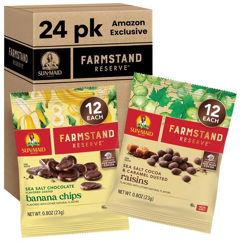 Sun-Maid Farmstand Reserve Variety Pack - 24 Count Snack Bags, 12 Sea Salt Cocoa Raisins & 12 Sea Salt Chocolate Banana Chips