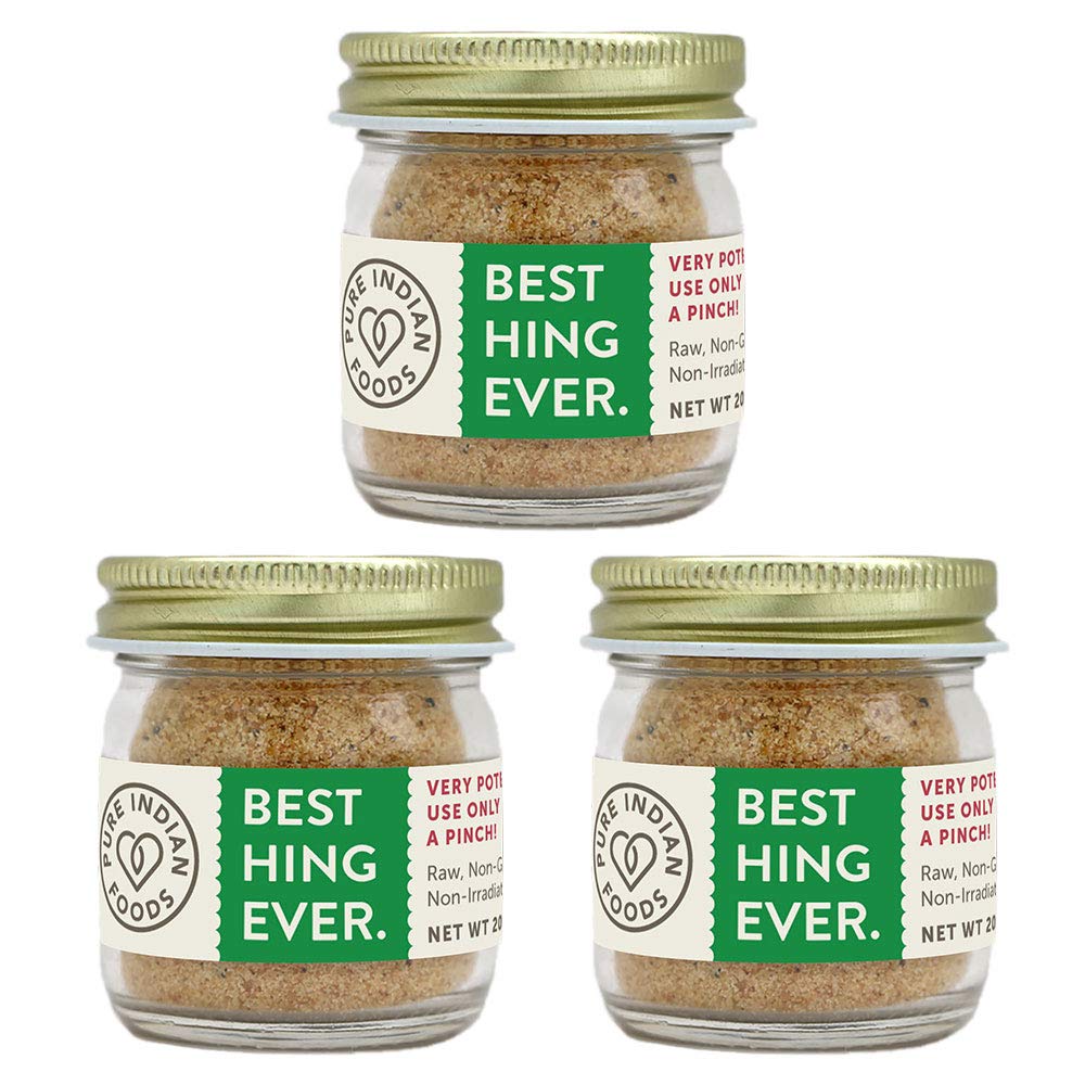 Pure Indian Foods Best Hing Ever (Asafoetida Powder), Not Tested For Gluten - Indian Spice For Garlic & Onion Substitute, 20G Glass Bottle (3 Pack)