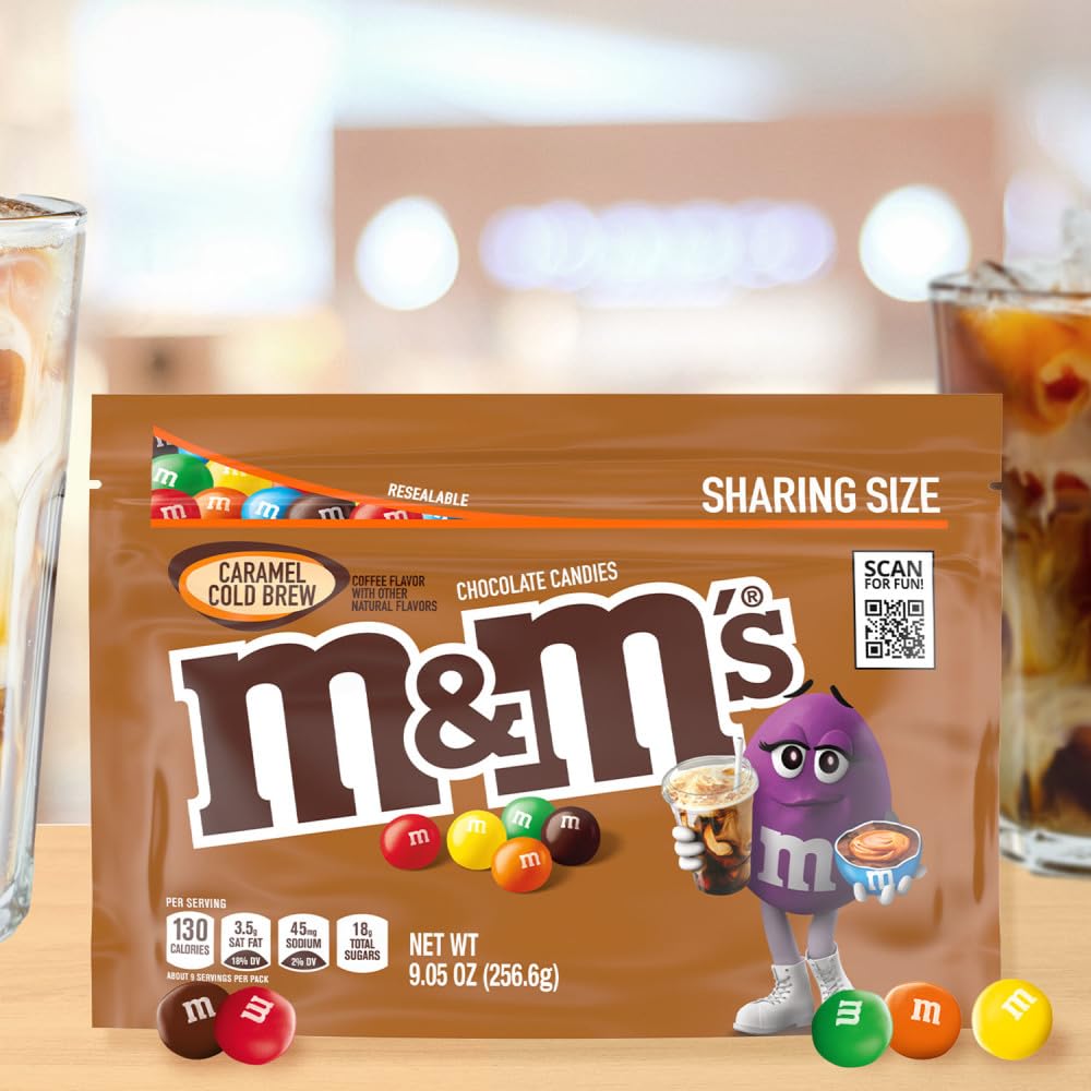 M&M S Caramel Cold Brew Chocolate Candy, Sharing Size, Resealable Bag, 9.05 oz, Pack of 8