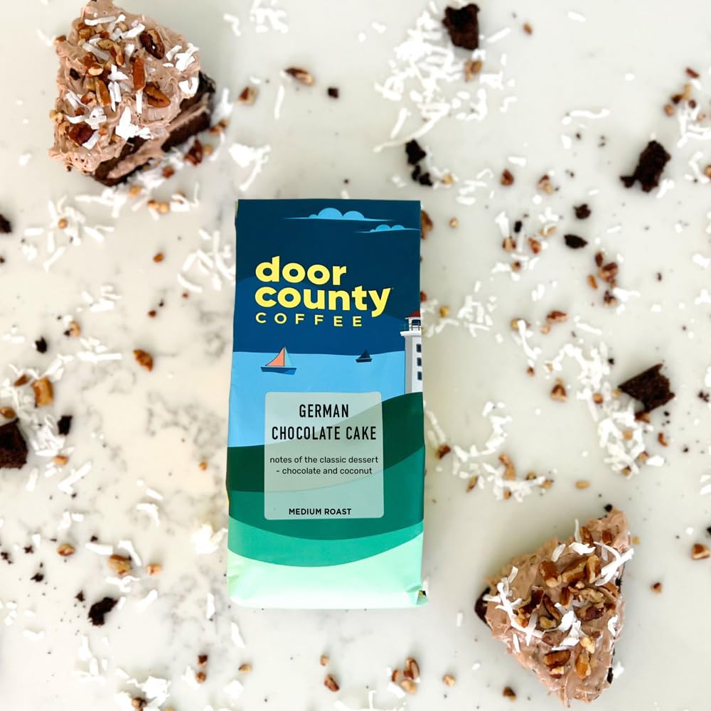 Door County Coffee German Chocolate Cake Flavored Coffee Whole Bean | 10 Oz Bag | Flavored Whole Bean Coffee Medium Roast | 100%