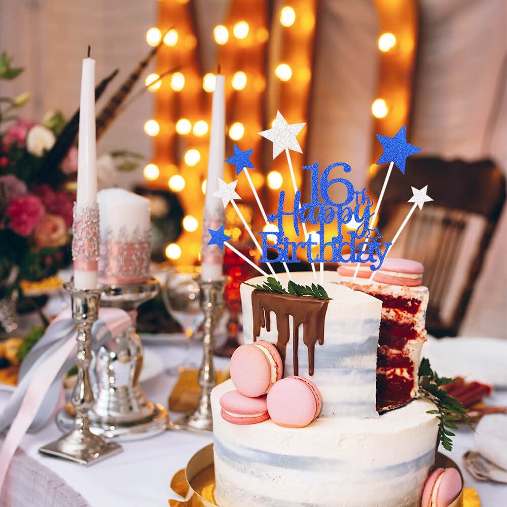 Pargleev Glittery 16Th Cake Topper With Star Boys And Girls 16Th Birthday Party Supplies, Sixteen Years Old Birthday Party Decor