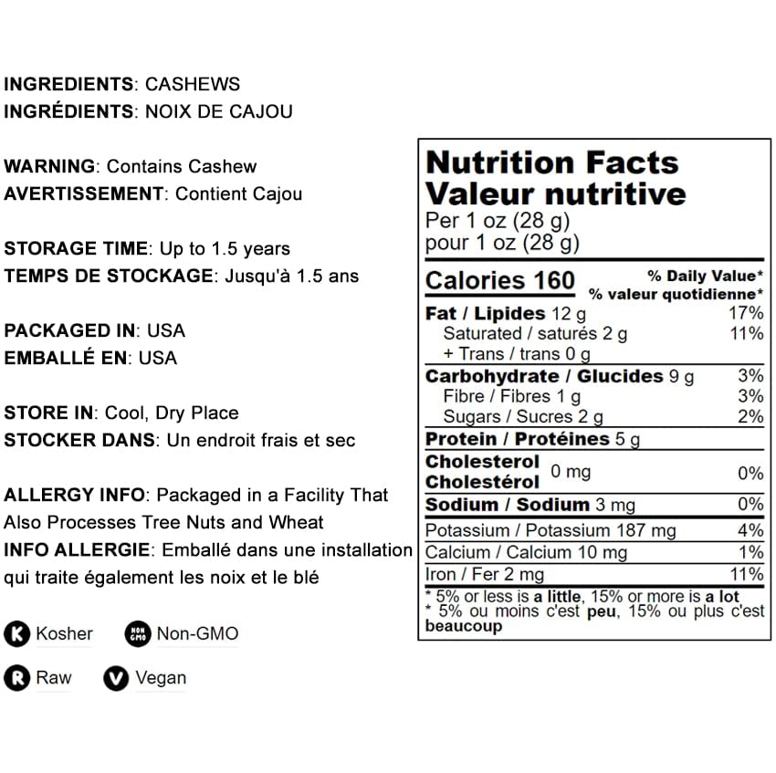 Food To Live Raw Cashews, 16 Pounds - Non-Gmo Verified, Deluxe Whole Nuts, Unsalted, Unroasted, Size W-320, Vegan, Kosher, Bulk