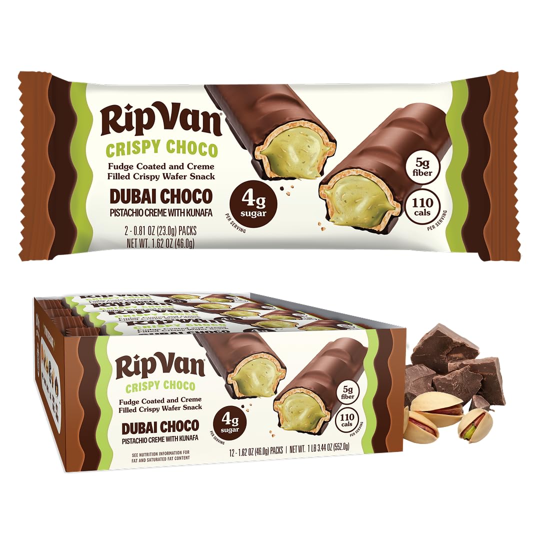 Rip Van Dubai Chocolate Bar Crispy Choco - Healthy Snack With Creamy Pistachio & Toasted Kunafa - Dubai Choco Flavor - 4G Sugar  5G Fiber - Guilt-Free Indulgence - 12 Pack