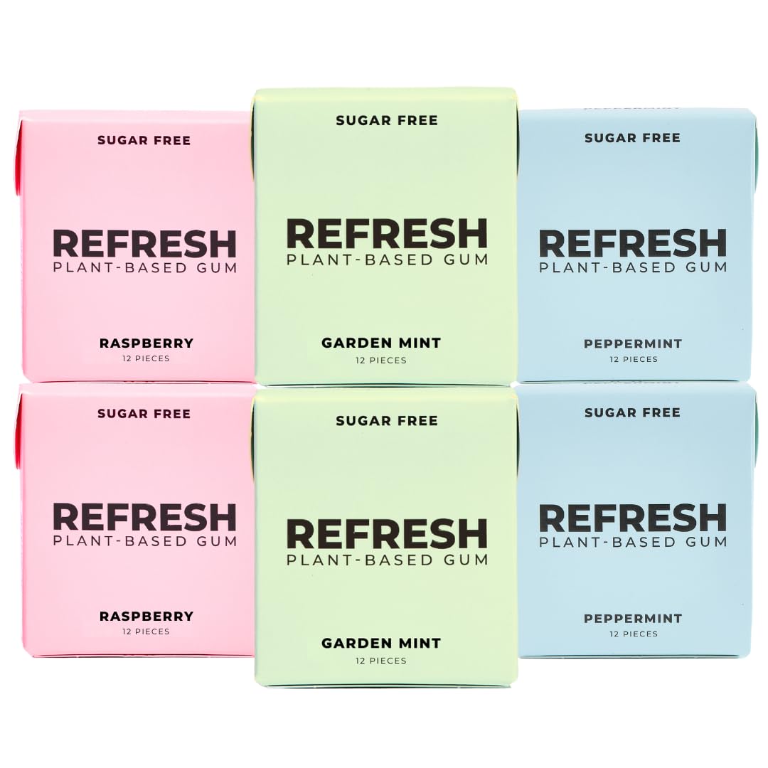 Refresh Gum, Xylitol, Natural, Sugar Free, Plastic Free, Natural Flavors & Organic Ingredients, Plant-Based, Non Gmo, Peppermint, Garden Mint & Raspberry Variety Pack, 12 Pcs, 6 Pack