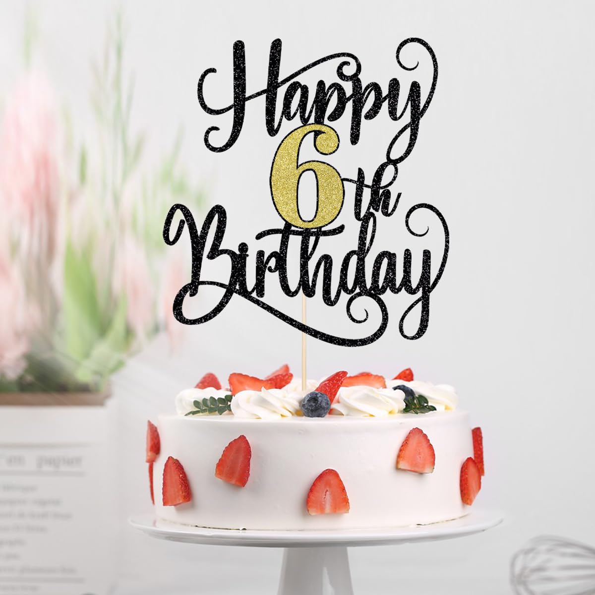 Happy 6Th Birthday Cake Topper, 6 Birthday Party Cake Decorations (Black And Gold Flashes, 6Th)