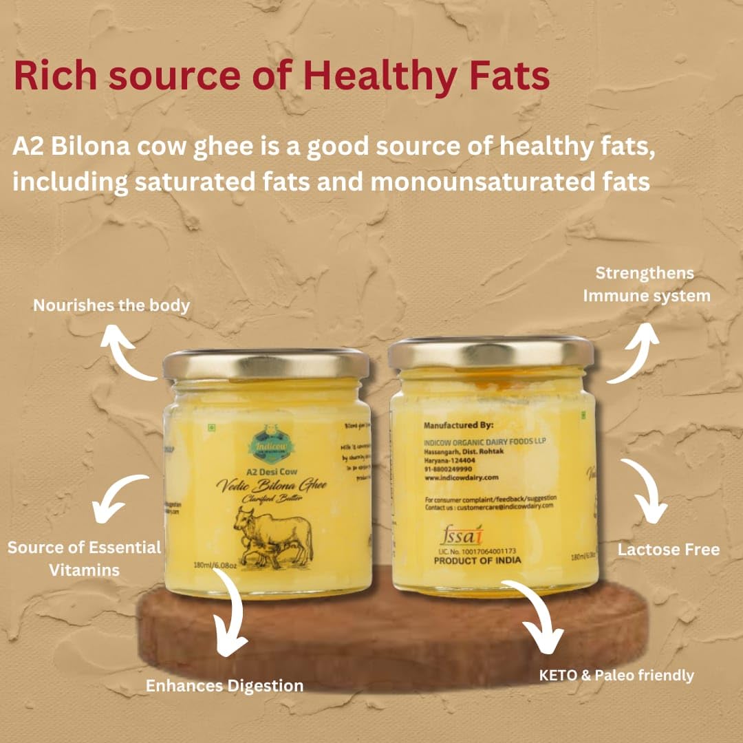 Indicow A2 Desi Cow Ghee| (180ml (6.08oz), A2 Cow Ghee (Sahiwal Cows)) | Grass Fed, Pasture Raised Clarified Butter Fat, Keto, P