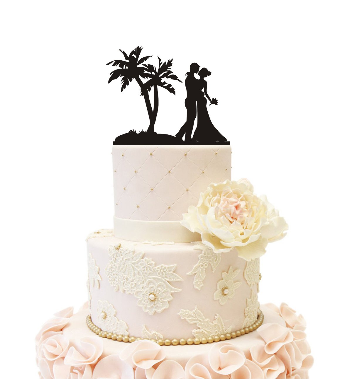 Wedding Cake Topper Beach Honeymoon Wedding Bride Groom With Palm Tree (Beach Theme Black)