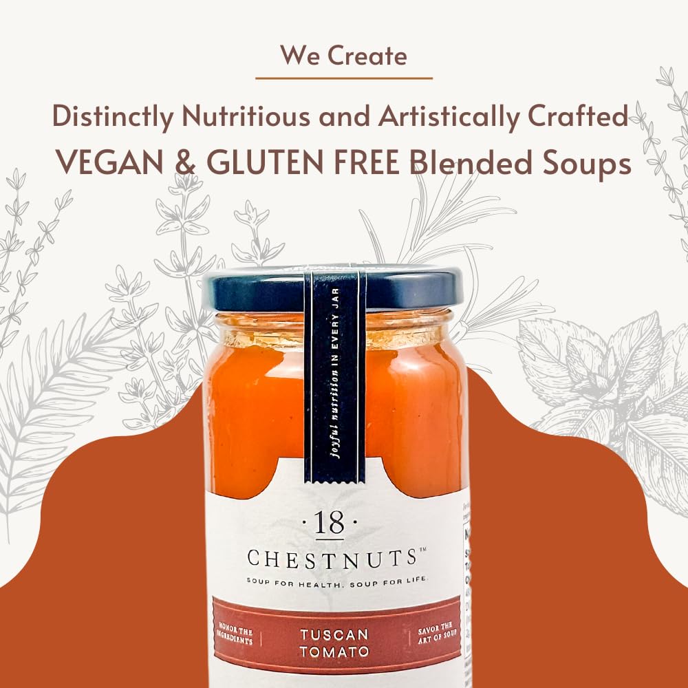 18 Chestnuts Plant Based Soup - Tuscan Tomato, Plant Based, Low Fat and Low Calorie & Gluten Free Soup - 3 Jar Pack (16oz)