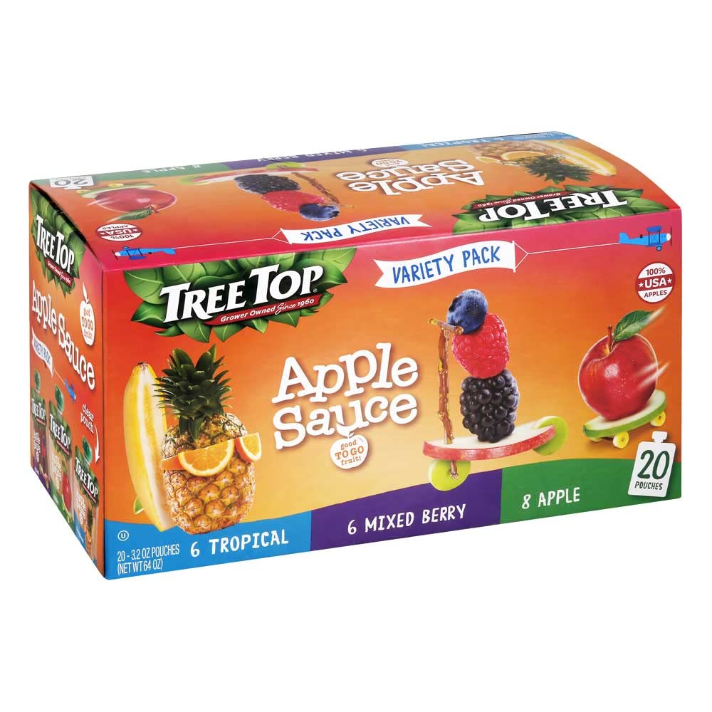 Tree Top Apple Sauce Pouches Variety Pack, Apple, Mixed Berry, Tropical, 3.2 Oz. Each (Pack Of 20)