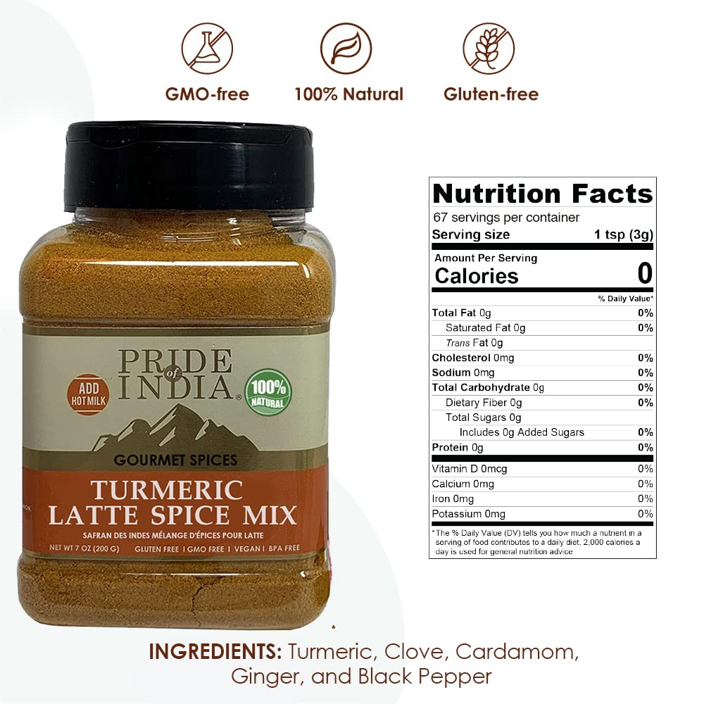 Pride Of India Turmeric Latte Spice Mix - Gluten-Free Tea Blend - 7 oz Sifter Bottle