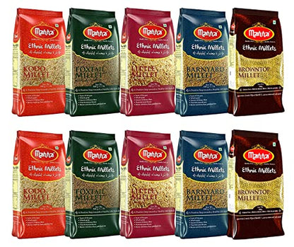 Manna Millets 5Kg Combo Pack of 5 (with Browntop), Unpolished Millets, Siridhanya,Certified Low GI, Browntop 1kg, Little 1kg, Ko