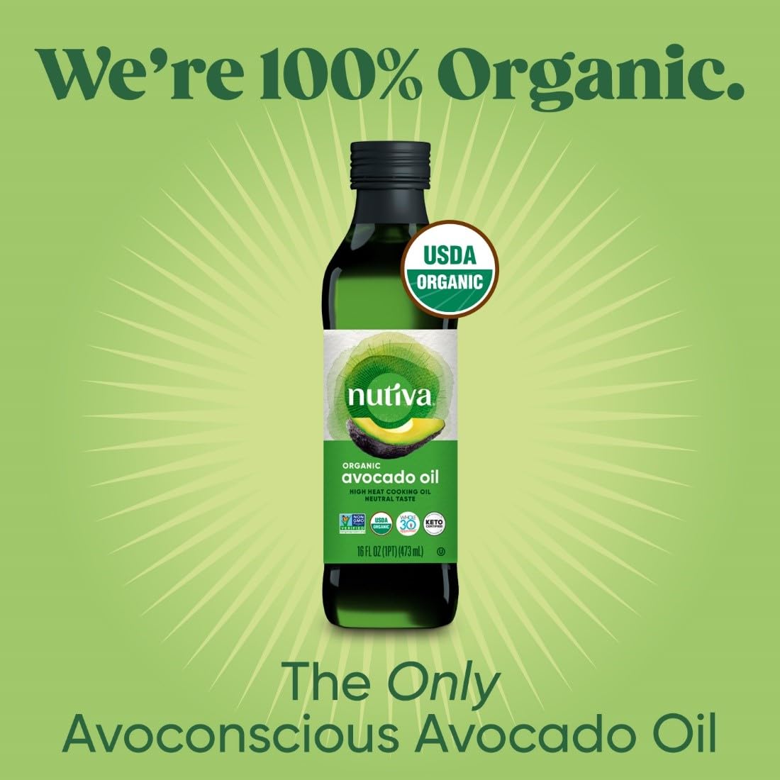 Nutiva Organic Steam-Refined Avocado Oil, 100% Pure, 16 Fl Oz, USDA Organic, Non GMO, Whole 30 Approved, Keto, Paleo, High-Heat