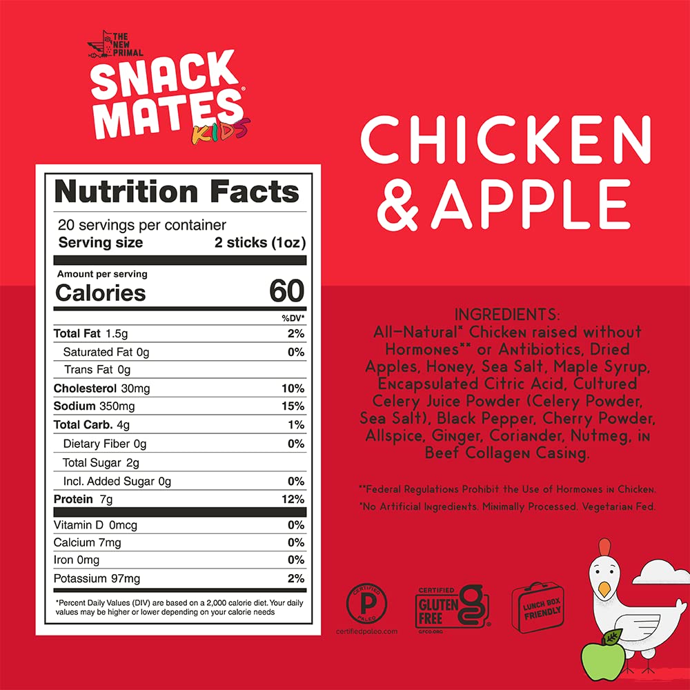 The New Primal Snack Mates Chicken & Apple Sticks, Gluten Free Healthy Snacks For Kids, Low Sugar High Protein Back To School Sn