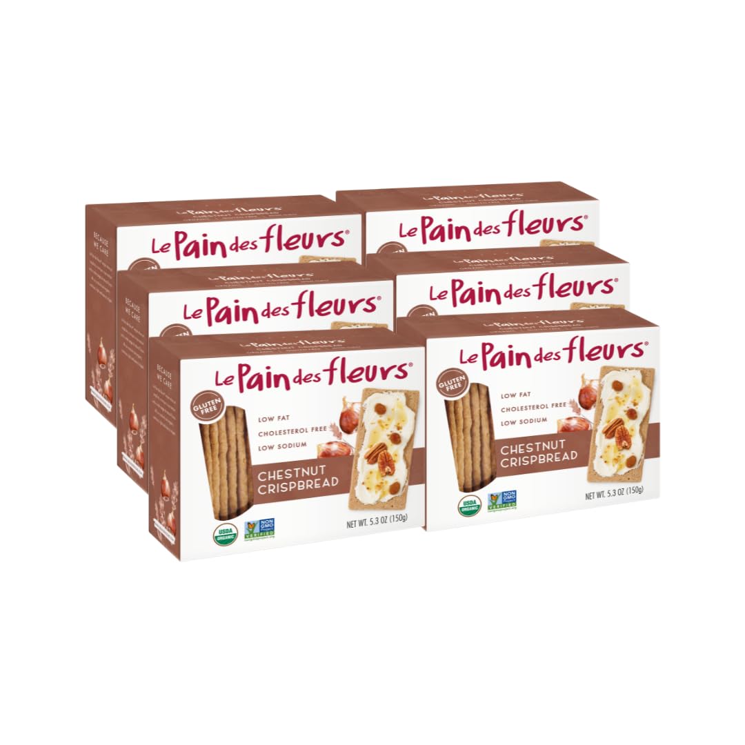 Le Pain des Fleurs Organic Chestnut Crispbread - Low Sodium, Vegan, Gluten Free - 4.4oz Boxes, 6 Pack