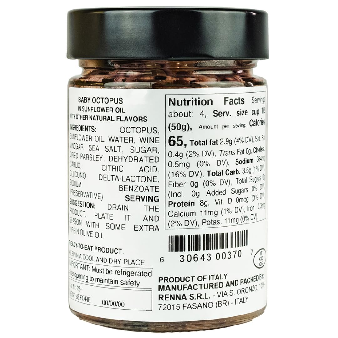 Renna Baby Octopus in Olive Oil, Premium Imported Seafood, 10.58 oz